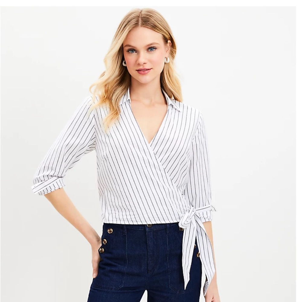 Striped Cotton Blend Wrap Shirt size Large Loft